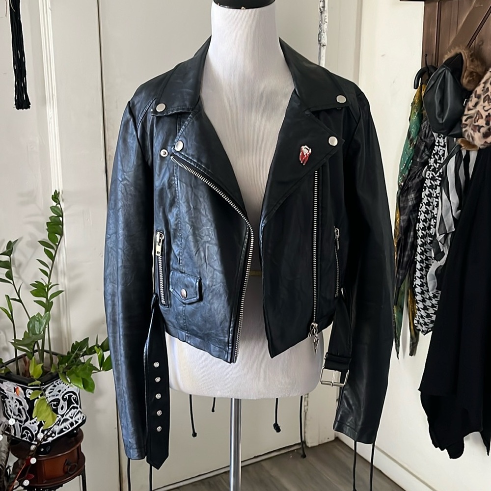 House of Widow Black Faux Leather Cropped Jacket, size Medium